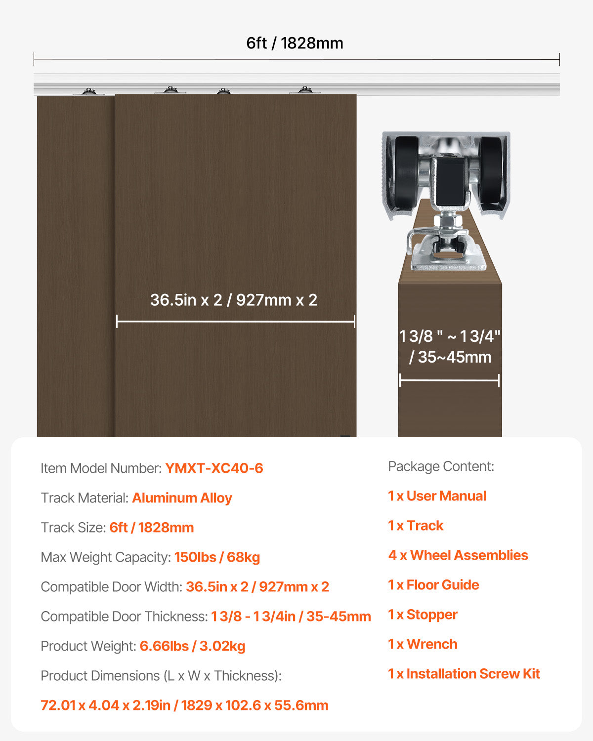Bypass Door Hardware, 6ft Heavy Duty Bypass Sliding Door Hardware Kit, Aluminum Alloy Sliding Closet Door Hardware Set for 2 Door System, Fit Door Thickness 1 3/8 in - 1 3/4in, Easy to Install
