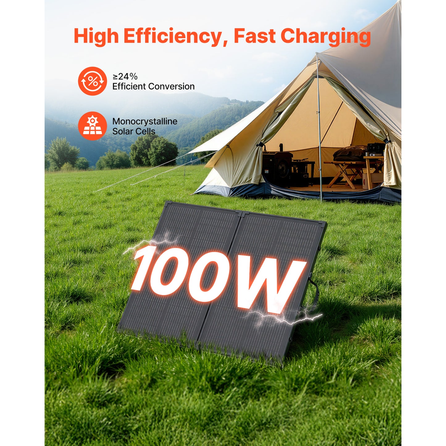100W Foldable Solar Panel with Stand, 24% Efficient Monocrystalline Charger with PWM Controller and MC4