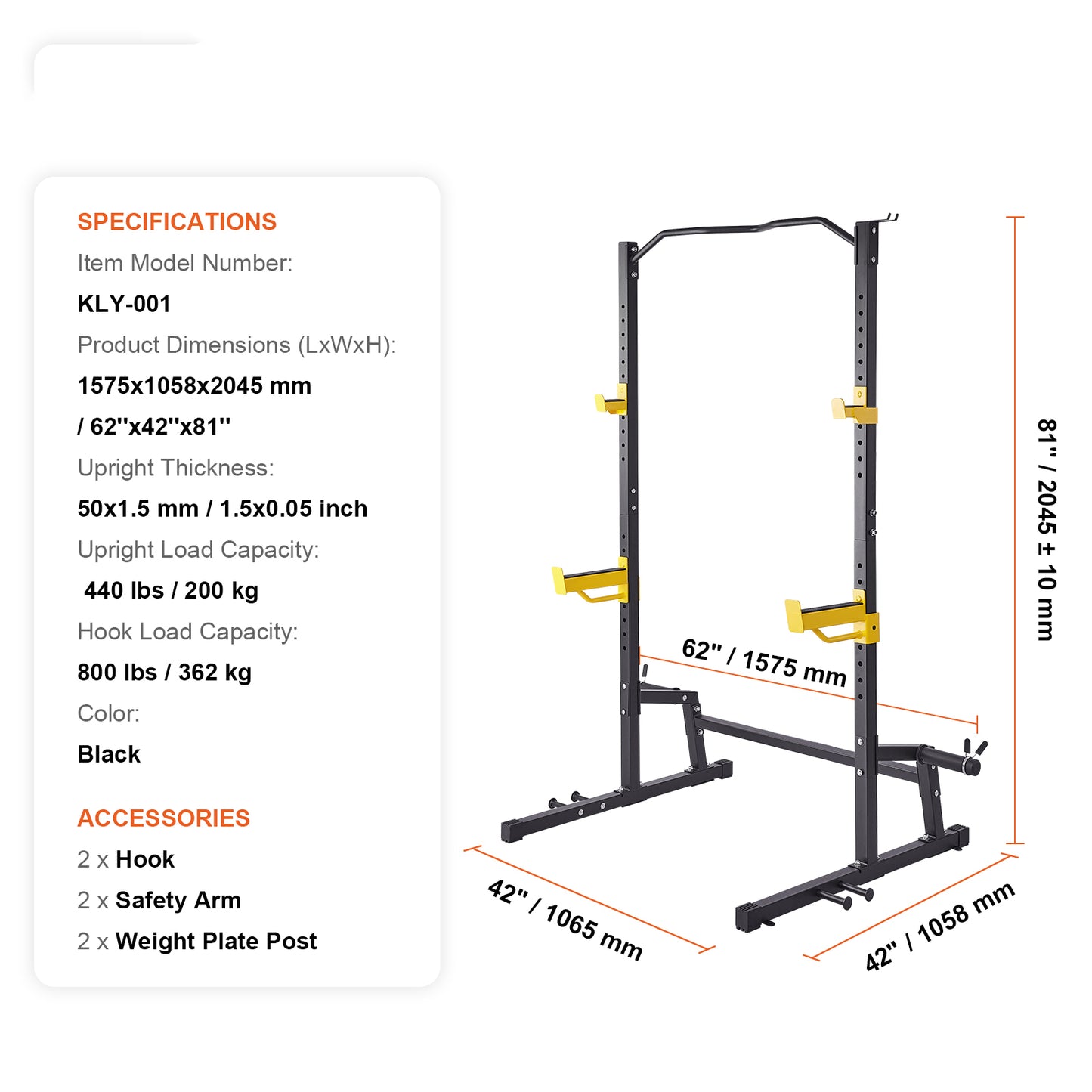 Squat Stand Power Rack, Multi-Function Cage with Pull-Up Bar, 800 lb. Hook Capacity, Adjustable Steel Home Gym Rack
