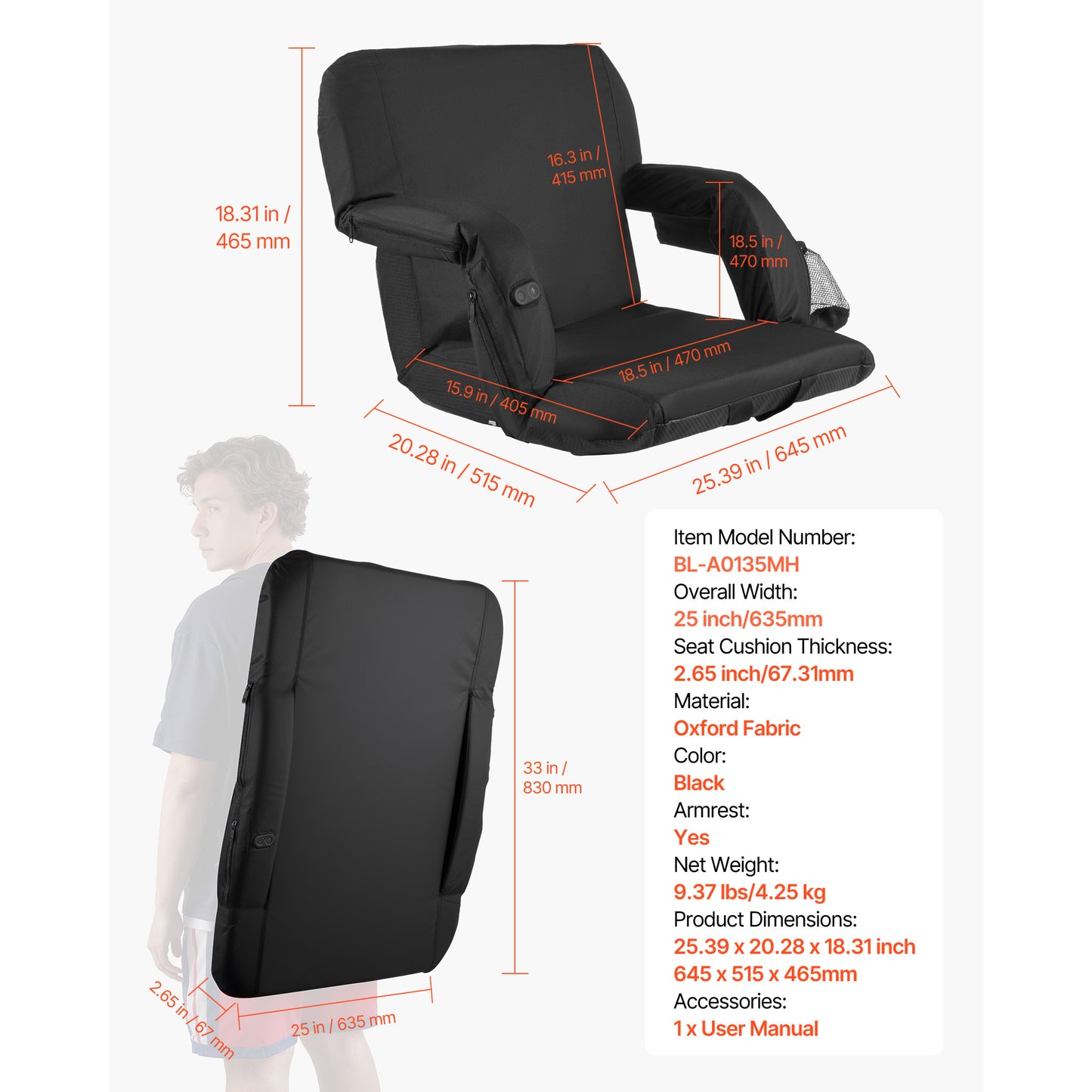 Heated Stadium Seat 25 in., Bleacher Chair with 3 Heating Levels, 6 Vibration Modes, 4 Pockets for Sports Camping
