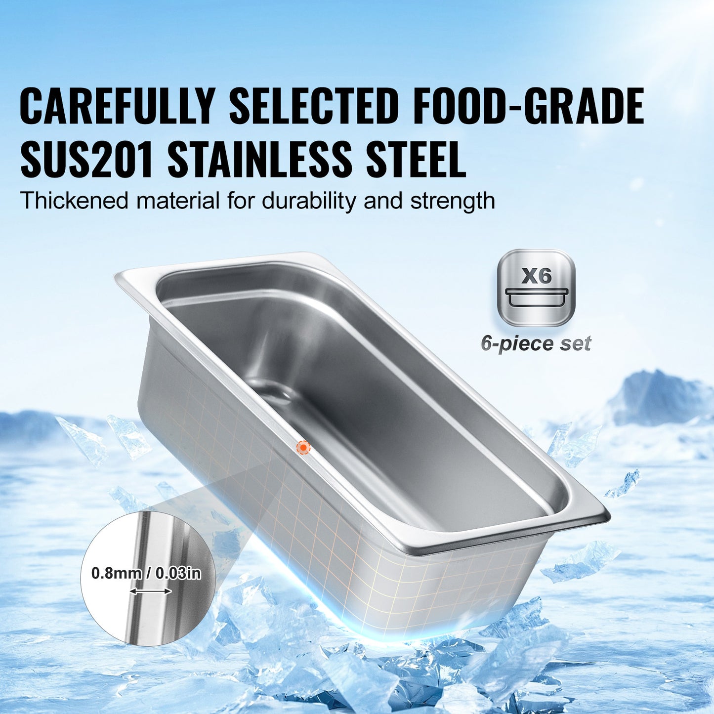 1/3 Size Steam Table Pans 6 Pack, 4 in. Deep Anti-Jam Commercial Hotel Pans, 0.8 mm Stainless Steel Food Pans