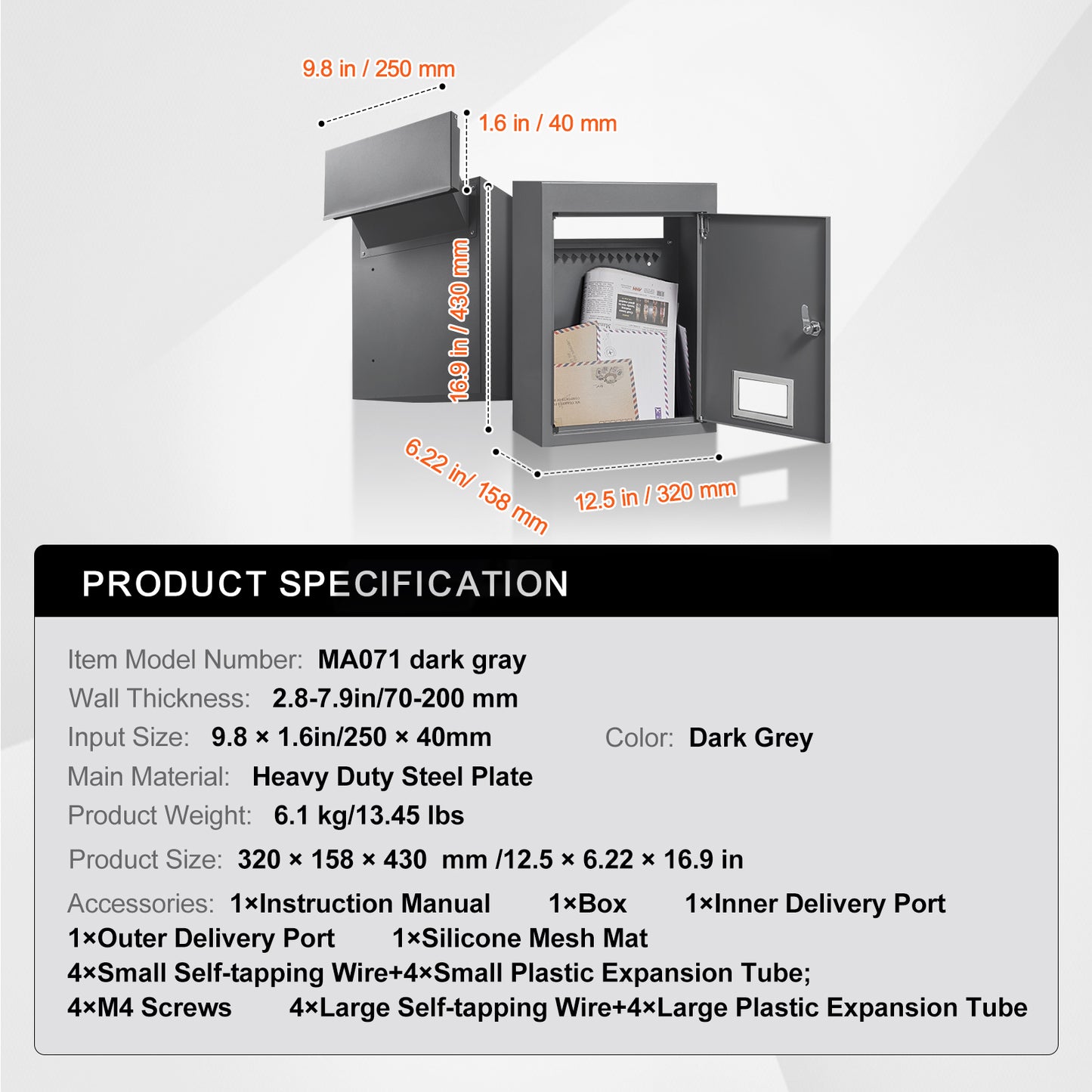 Through The Wall Drop Box, Heavy Duty Steel Through The Wall Mailbox with 2.8-7.9in 13in Combination Lock, 12.5x6.3x16.9 Mail Drop Box, Dark Gray