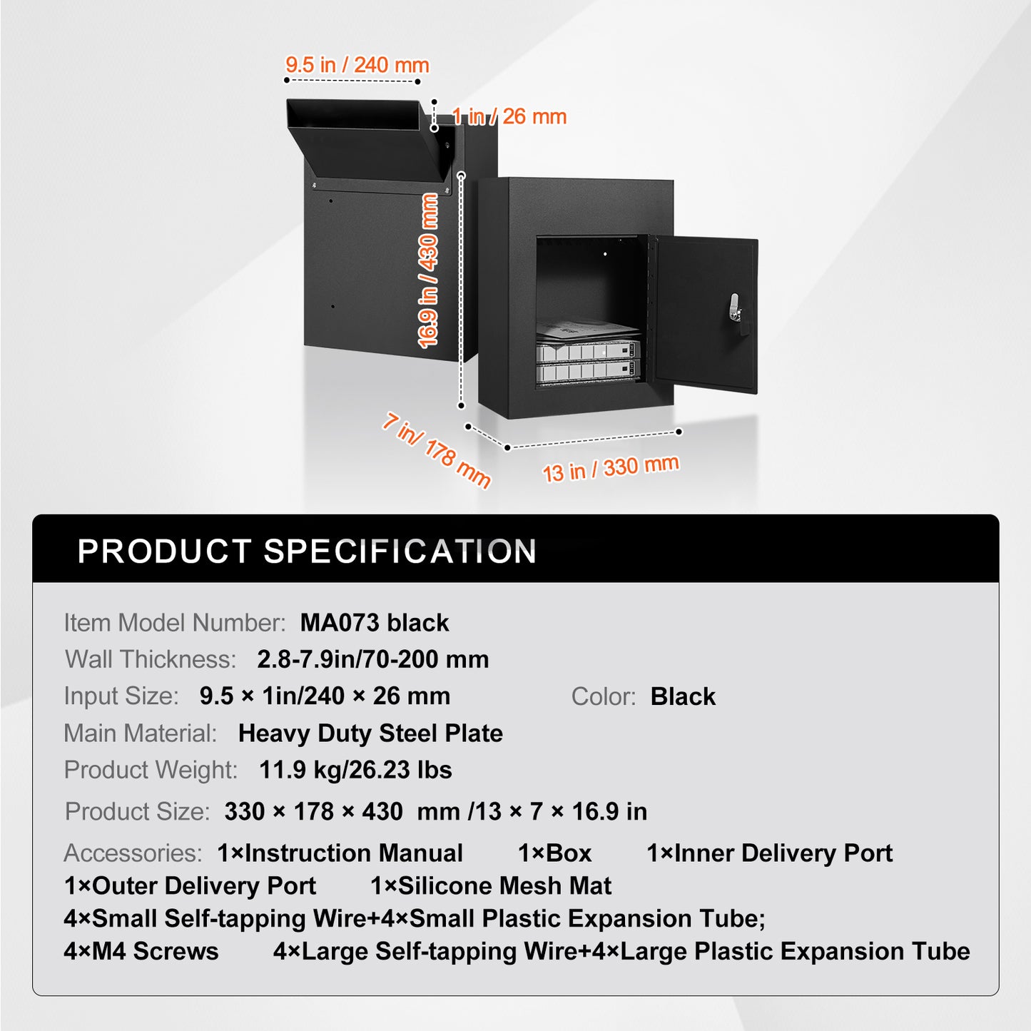 Through The Wall Drop Box, Heavy Duty Steel Through the Wall Mailbox with 2.8-7.9in 13in Combination Lock, 13x7x17in Mail Drop Box, Black