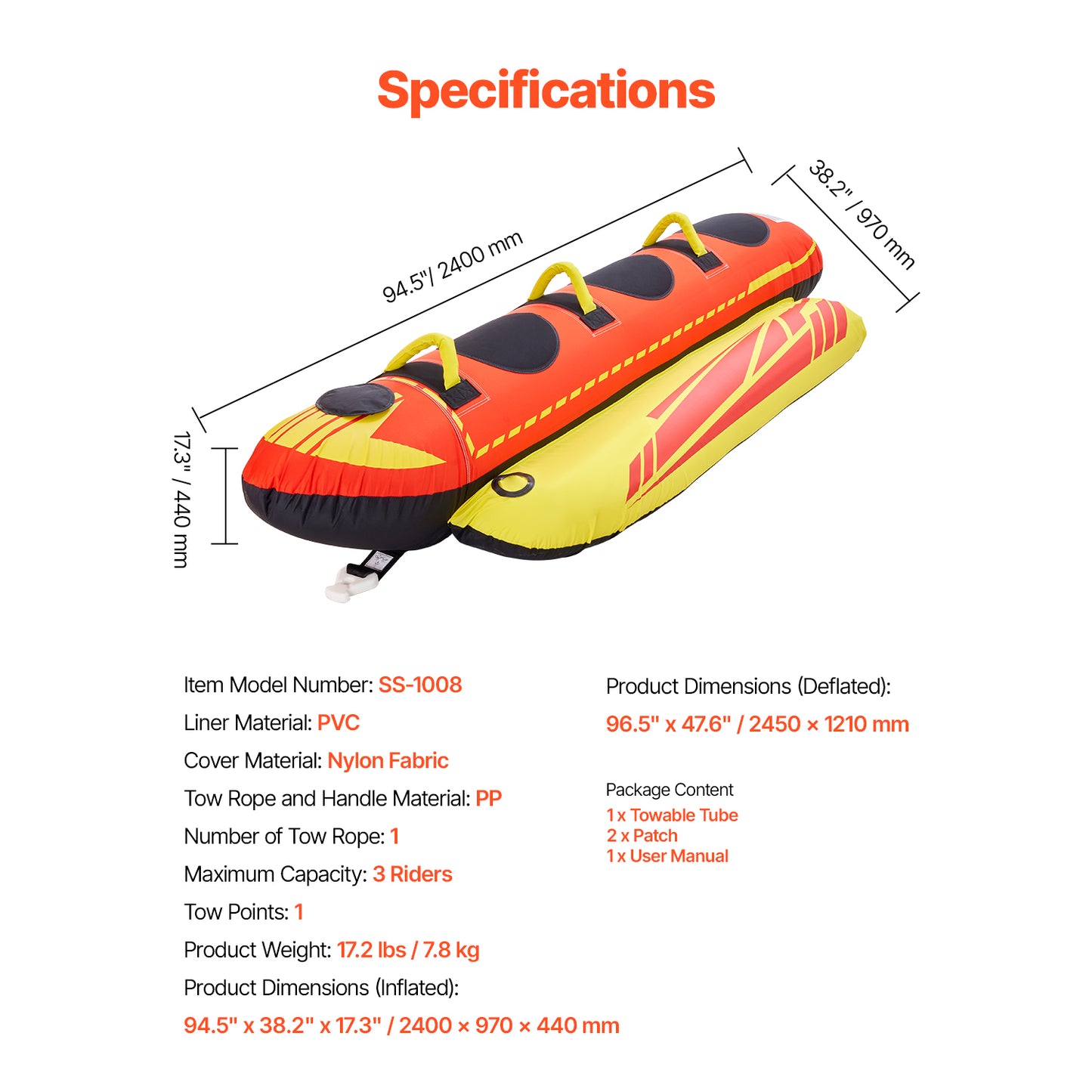 1-3 Rider Hot Dog Towable Tube, 510 lb. Capacity Inflatable Water Sport Tube with Nylon Cover, Padded Handles