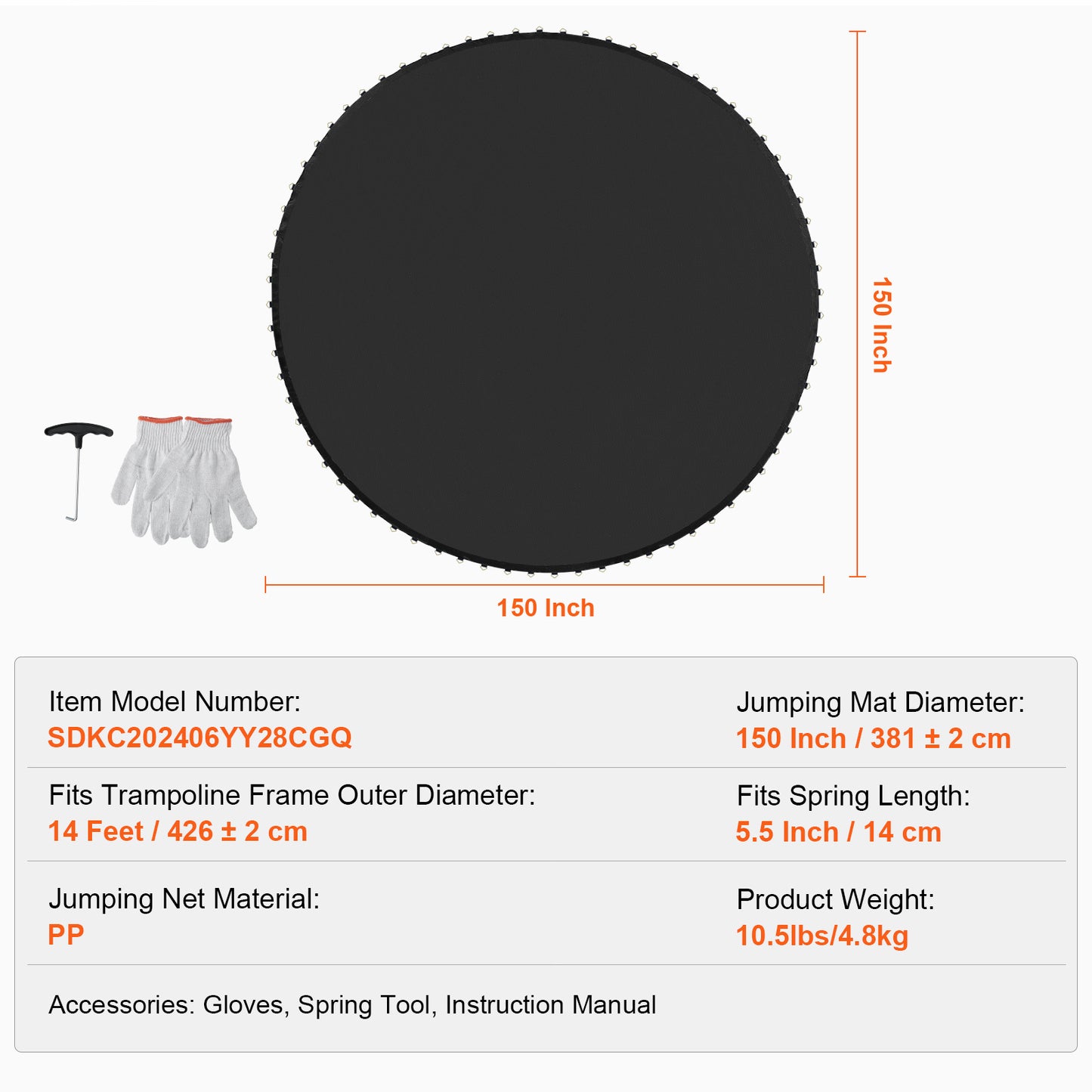 14 ft. Replacement Trampoline Mat, 72 V-Rings, 5.5 in. Spring Length, UV-Resistant PP Jumping Mat