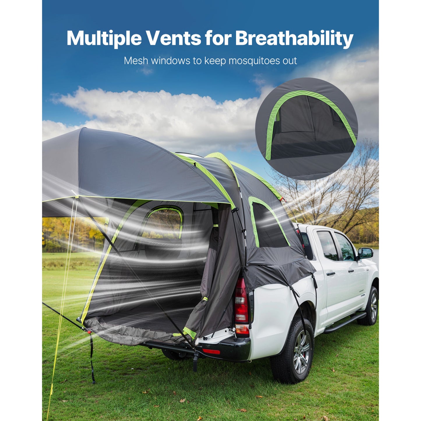Pickup Truck Tent for 5.5-6.0 ft. Beds, Waterproof PU 2000 mm, Sleeps 2-3, 5.3 ft. Awning, Rainfly Included