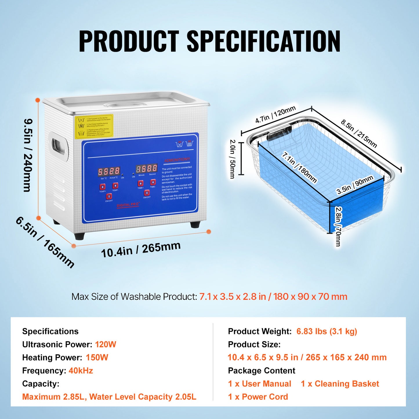 Ultrasonic Cleaner 2.85 L, 40 kHz Digital Sonic Jewelry Cleaner with Timer, Heater, 304 Tank