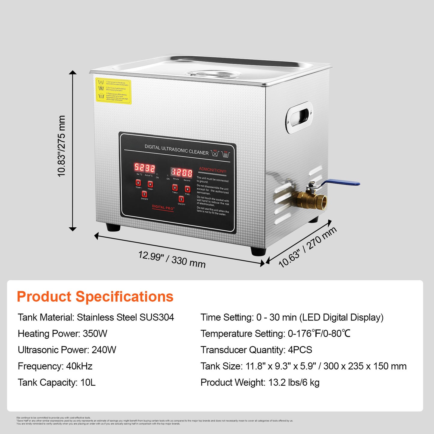 10L Ultrasonic Cleaner with Digital Timer Heater, 240W 40kHz Professional Jewelry Watch Parts Cleaning Machine SUS304