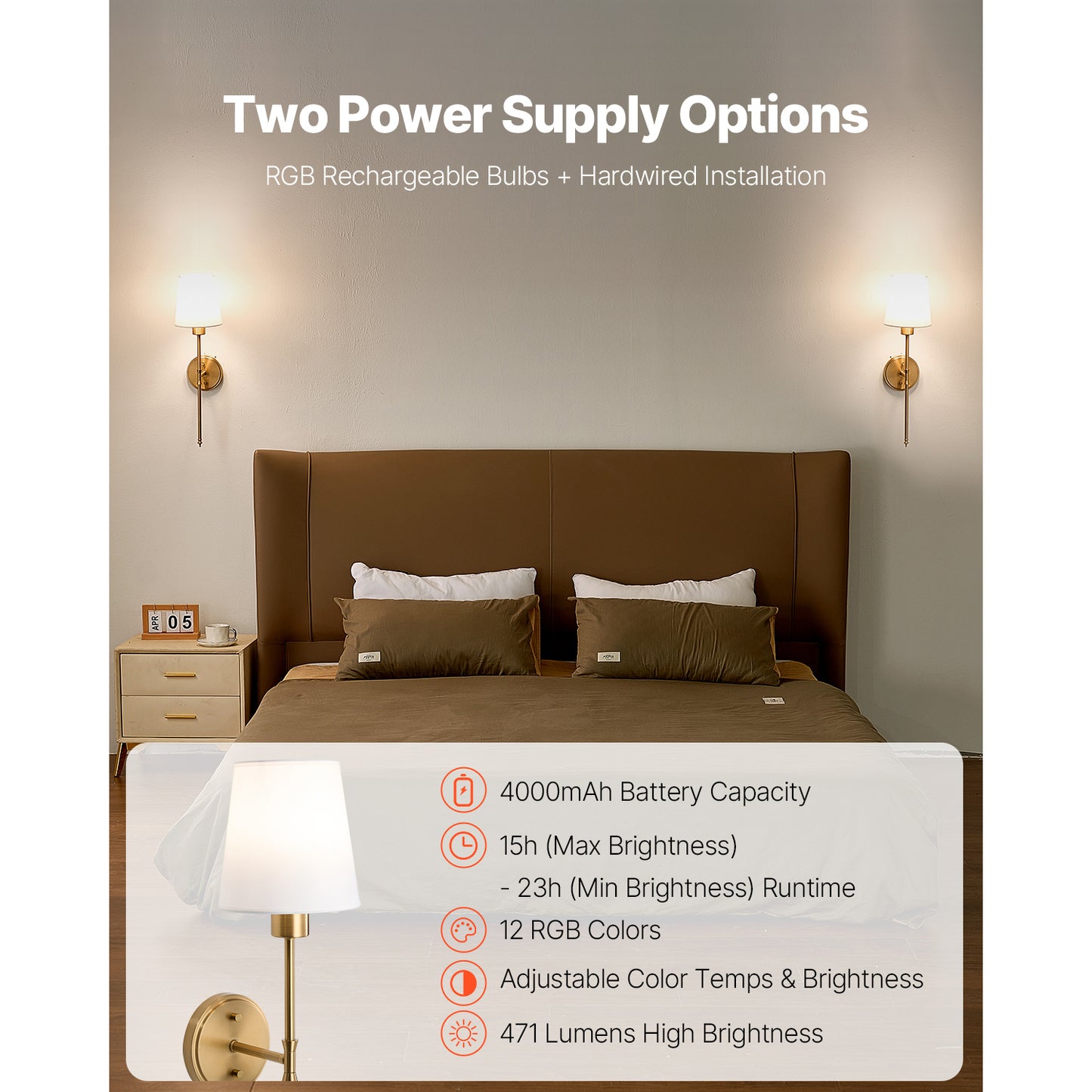 Rechargeable RGB Wall Sconce Set of 2, 4000mAh Battery, Wireless Lights with Remote, 30 Modes, Timer Dimming