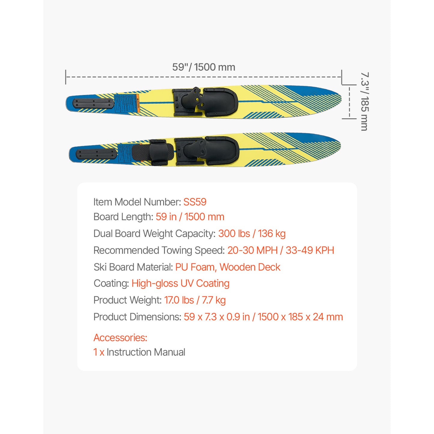 59 in. Adult Water Skis Combo with X-7 Horseshoe Bindings, Padded Rear Toe Plate, High-Gloss UV Deck, 300 lb. Max