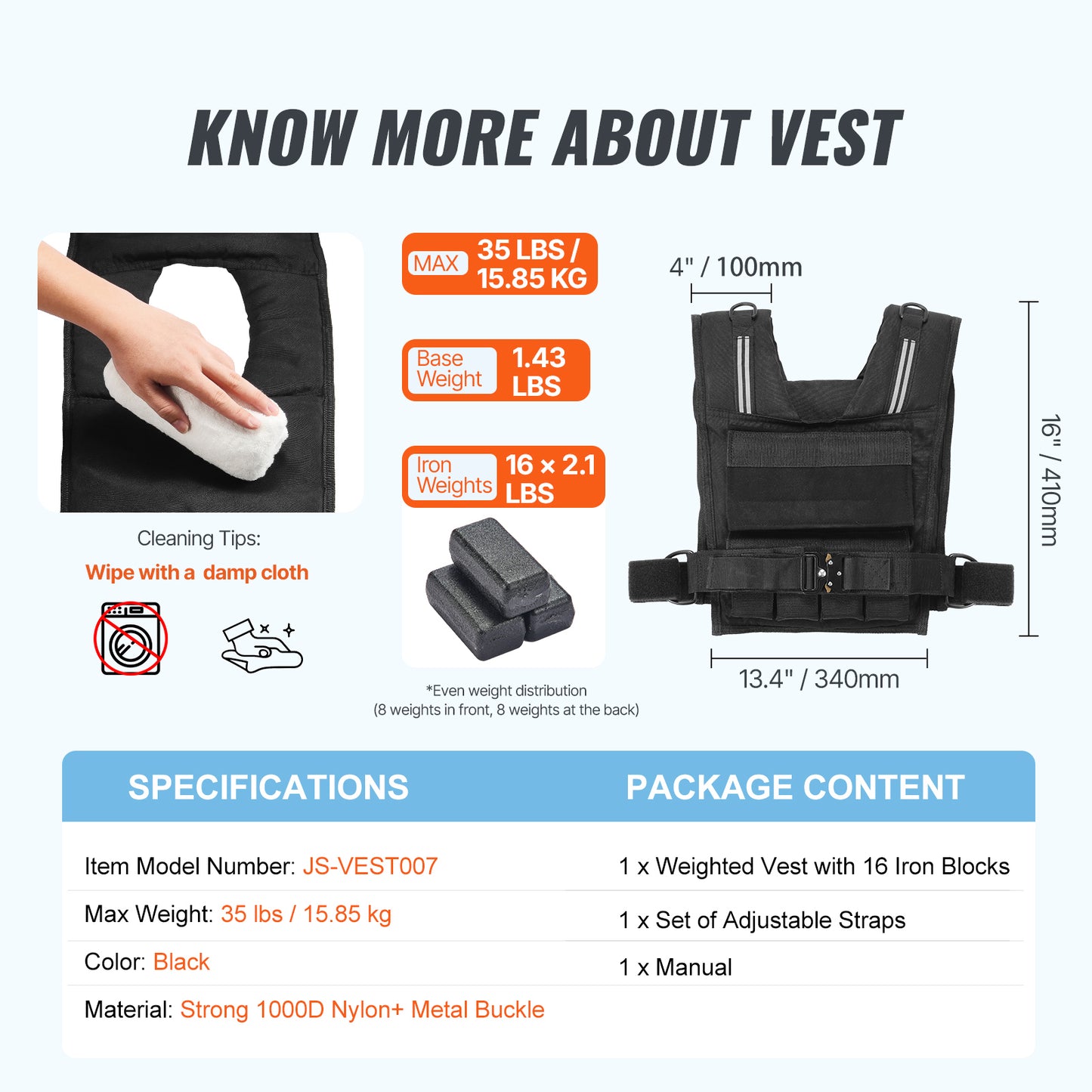 35 lb. Adjustable Weighted Vest with 16 Iron Weights, Quick-Release Buckle, 1000D Nylon Reflective Vest