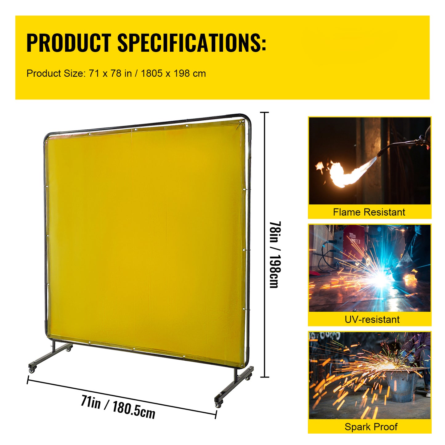 Welding Screen with Frame 6\ft x 6\ft, Welding Curtain with 4 Wheels, Welding Protection Screen Yellow Flame-Resistant Vinyl, Portable Light-Proof Professional