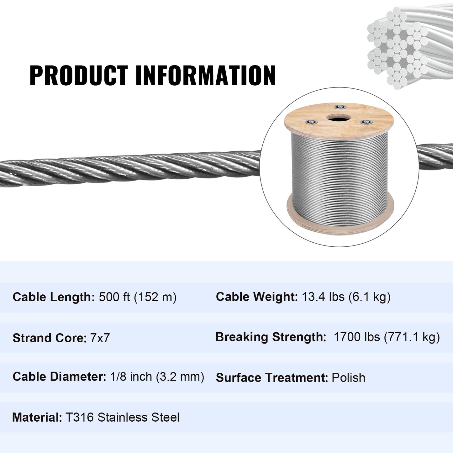 T316 Stainless Steel Cable 1/8in 7x7 Steel Wire Rope Cable 500FT Cable Railing Transport Wire Rope Cable for Railing Decking DIY Balustrade