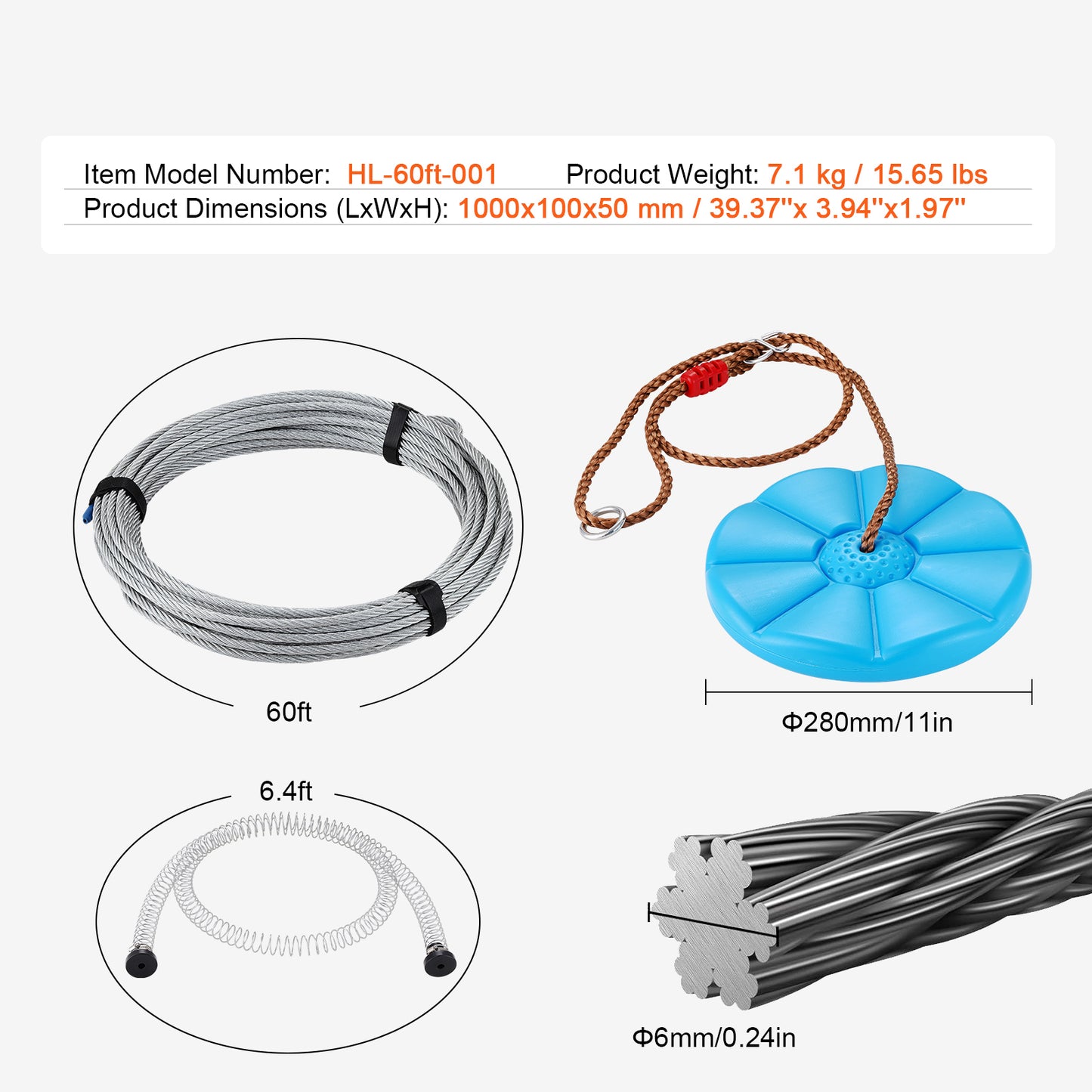 60 ft Zipline Kit for Kids and Adult Up to 500 lb. Backyard Stainless Steel Zip Line Spring Brake Harness Seat