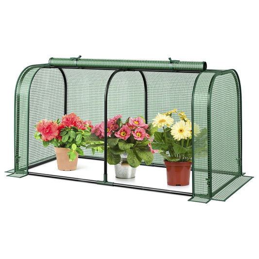 Mini Tunnel Greenhouse with Roll-Up Zipper Door PE Grid Cover Rustproof Metal Frame U-Shaped Stakes