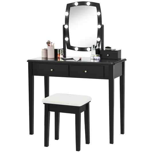 Vanity Table Set with Lighted Mirror 360 Degree Mirror 10 Dimmable Bulbs Makeup Dressing Table 4 Drawers