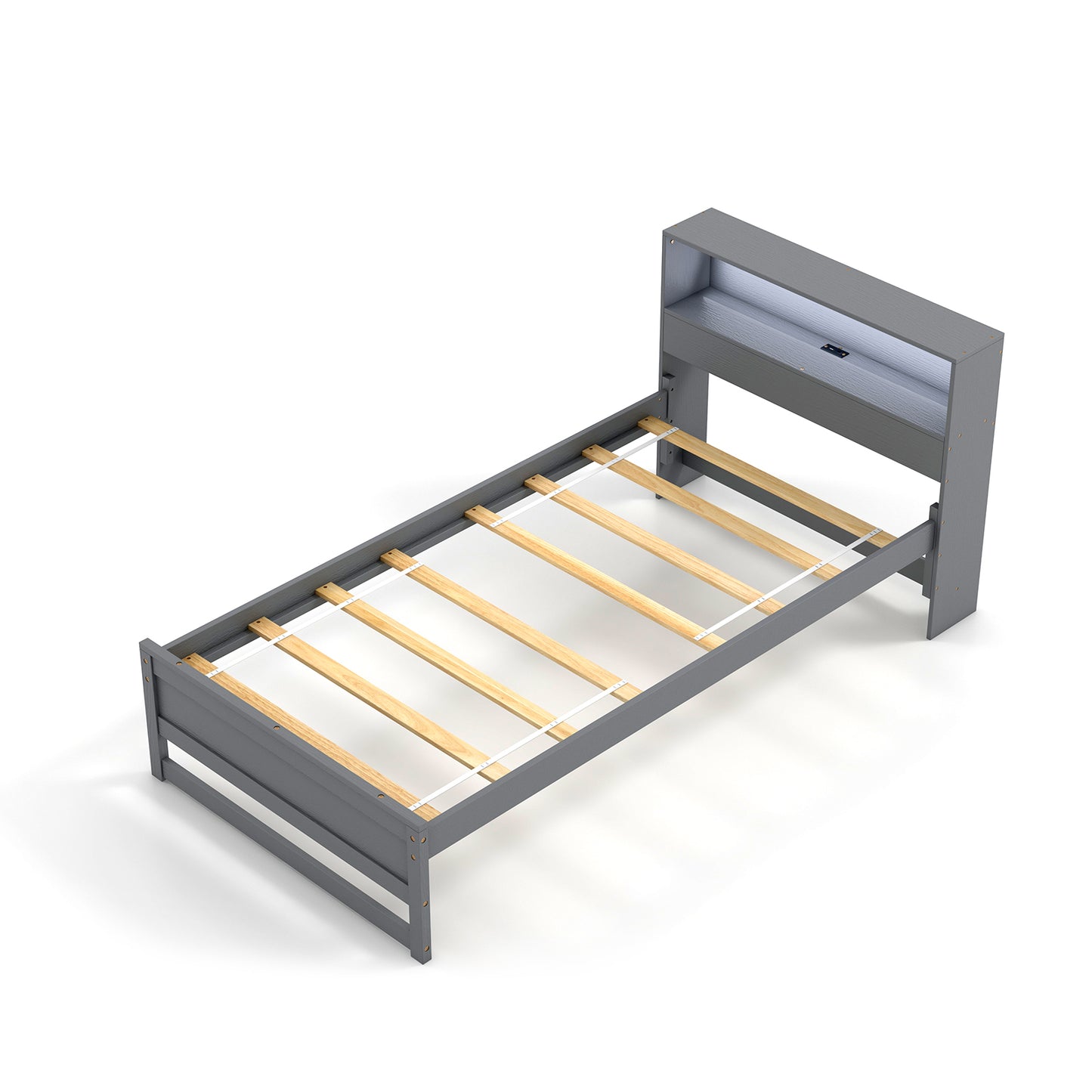 Twin Bed Frame Storage Headboard with Charging Station USB Type C LED Light 12 in. Under Bed Clearance