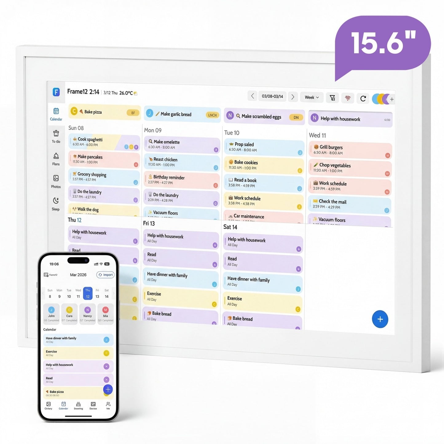 Smart Family Calendar 15.6 in. Touchscreen Digital Planner, Wall-Mounted or Desktop Display with 2-Way Calendar Sync, Chore Chart, Meal Planning, Free App and Cloud Photo Sharing, White