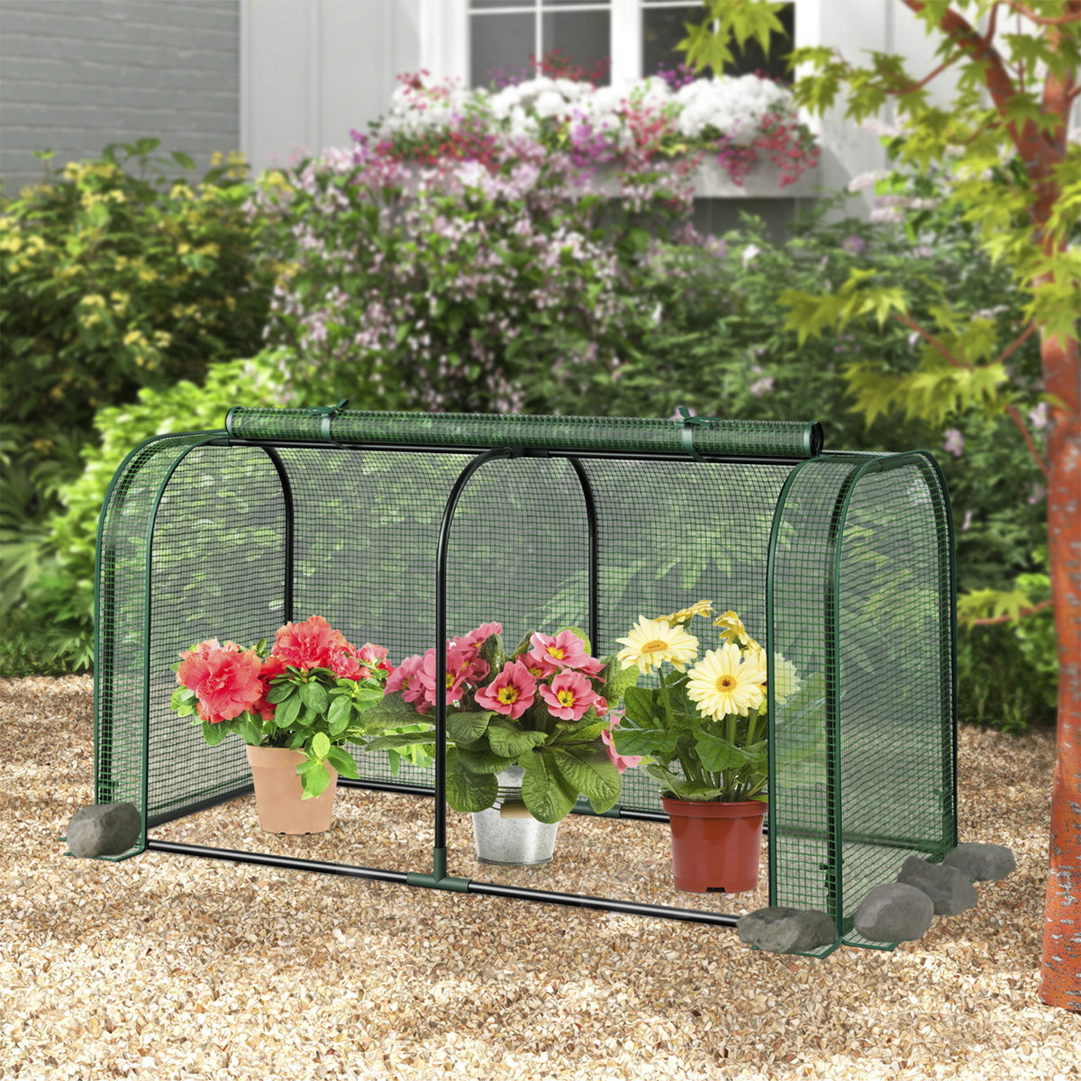 Mini Tunnel Greenhouse with Roll-Up Zipper Door PE Grid Cover Rustproof Metal Frame U-Shaped Stakes