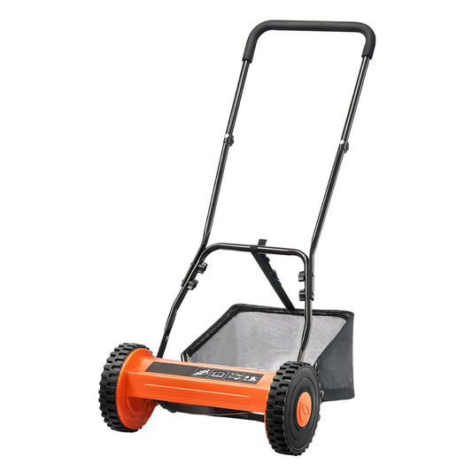 Push Reel Lawn Mower 14 in 5-Blade Manual No-Motor 0.6-1.75 in Adjustable Cutting Height w/Grass Catcher Bag