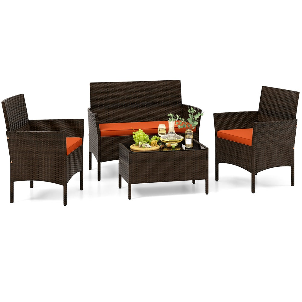 4 Piece Outdoor Resin Wicker Seating Group with Cushions and Glass Table
