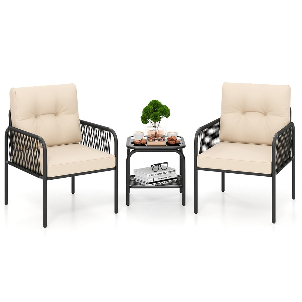 3 Piece Patio Seating Set PE Rattan with Cushions and Glass Table