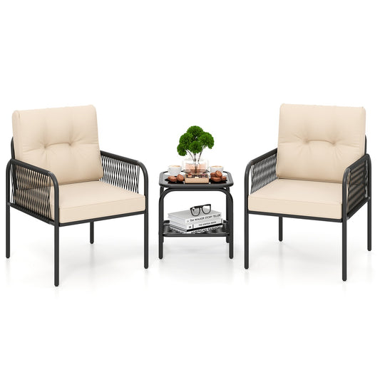 3 Piece Patio Seating Set PE Rattan with Cushions and Glass Table