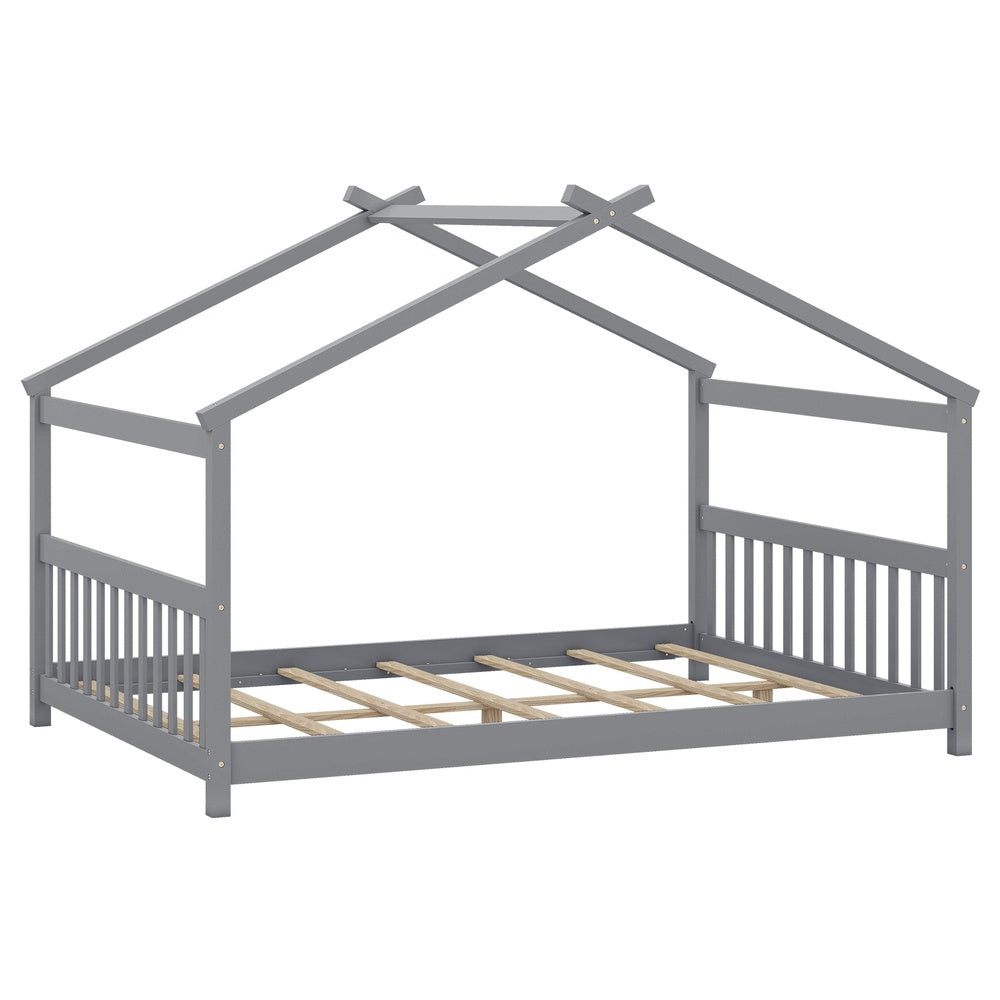 Full Size House Bed Montessori Floor Bed with Headboard-Gray