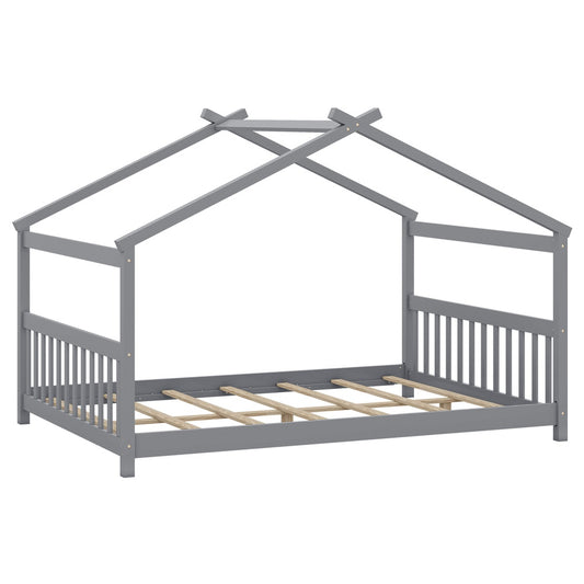 Full Size House Bed Montessori Floor Bed with Headboard-Gray