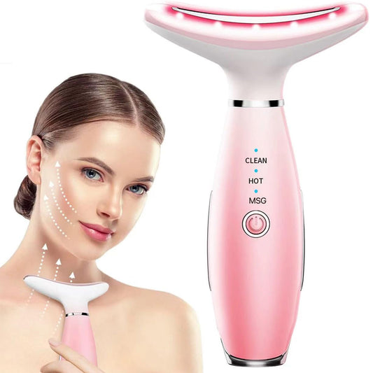 3-in-1 Face and Neck Massager with Heat and Vibration, Rechargeable Skin Care Tool, Pink