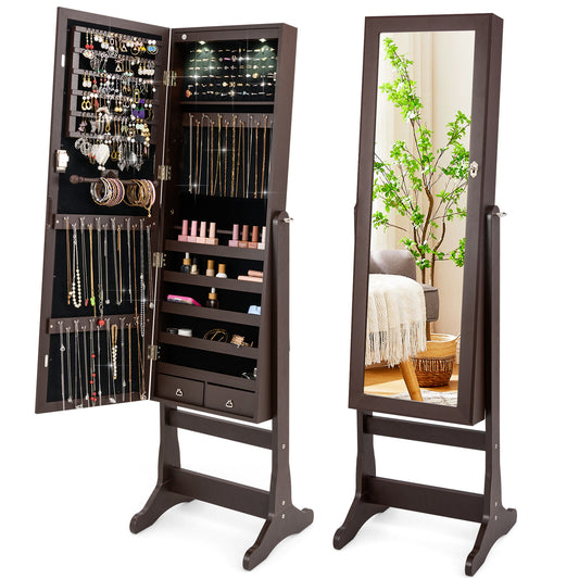 Standing Mirror Jewelry Cabinet Lockable Armoire with 108 Earring Slots 36 Hooks 2 LED Lights 43 in. Mirror