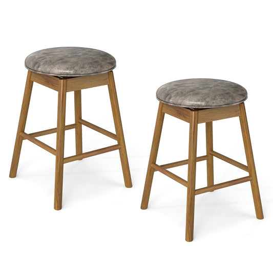 Set of 2 25 in. Swivel Counter Bar Stools Solid Rubber Wood Legs Footrest PU Leather Backless 35-39 in.