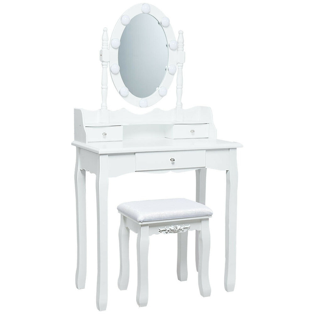 Oval Mirror Vanity Set 10 LED Dimmable Bulbs 360 Rotating 3 Drawers Solid Wood Legs Stool Crystal Handle UL