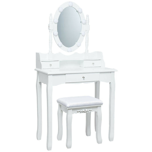 Oval Mirror Vanity Set 10 LED Dimmable Bulbs 360 Rotating 3 Drawers Solid Wood Legs Stool Crystal Handle UL