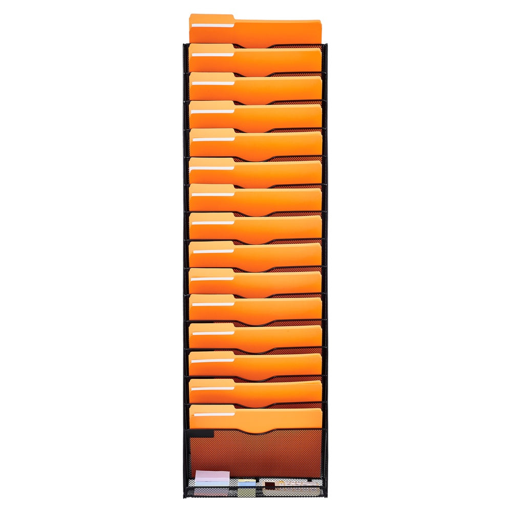 File Wall Rack 16-Pocket Mesh Metal Wall Mount Document Organizer 35.27 lbs. Capacity Nametag Label Office School