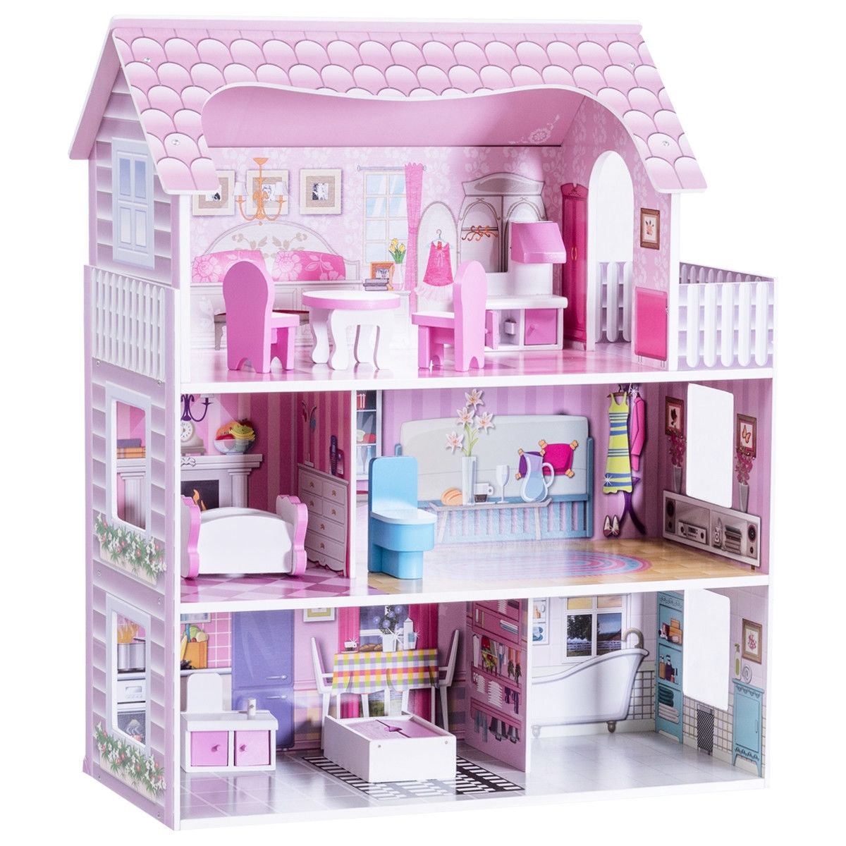 28 in. Pink Dollhouse with 8 Furniture Accessories + MDF Non-Toxic + 3 Level + 5 Room + Balcony + Age 3-12 + 4 in. Dolls