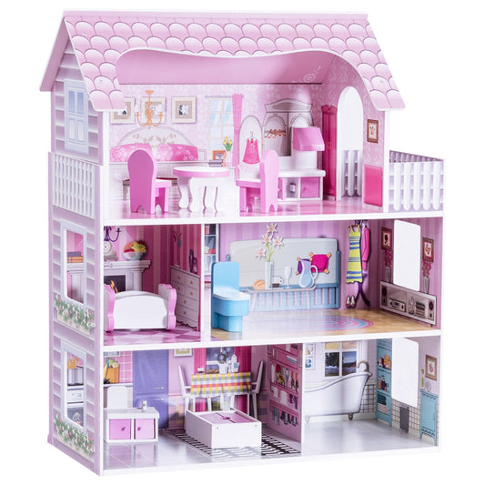 28 in. Pink Dollhouse with 8 Furniture Accessories + MDF Non-Toxic + 3 Level + 5 Room + Balcony + Age 3-12 + 4 in. Dolls