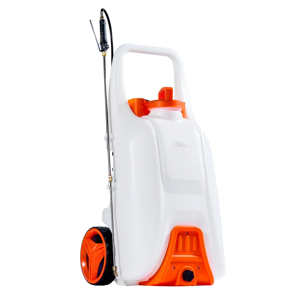 Battery Powered Sprayer 13.1 Gal Wheeled Cart Electric Weed Sprayer 0-80 PSI 98 ft Hose 5 Nozzles 5Ah for Farm Garden
