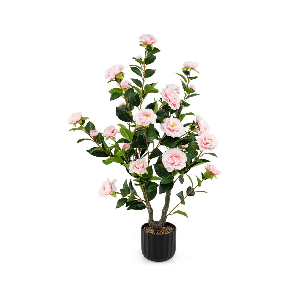 38 in. Artificial Camellia Tree in Cement Pot, Faux Pink Flower Plant for Indoor and Outdoor Decor