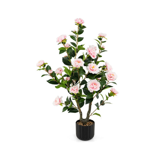 38 in. Artificial Camellia Tree in Cement Pot, Faux Pink Flower Plant for Indoor and Outdoor Decor