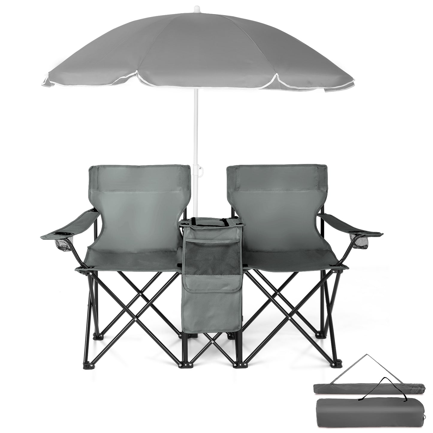 Portable 2-Seat Folding Chair with Removable Sun Umbrella, Outdoor Loveseat, Grey