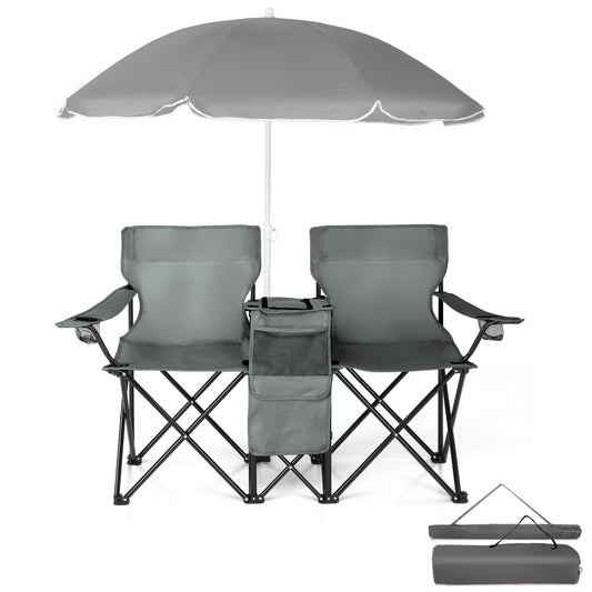 Portable 2-Seat Folding Chair with Removable Sun Umbrella, Outdoor Loveseat, Grey