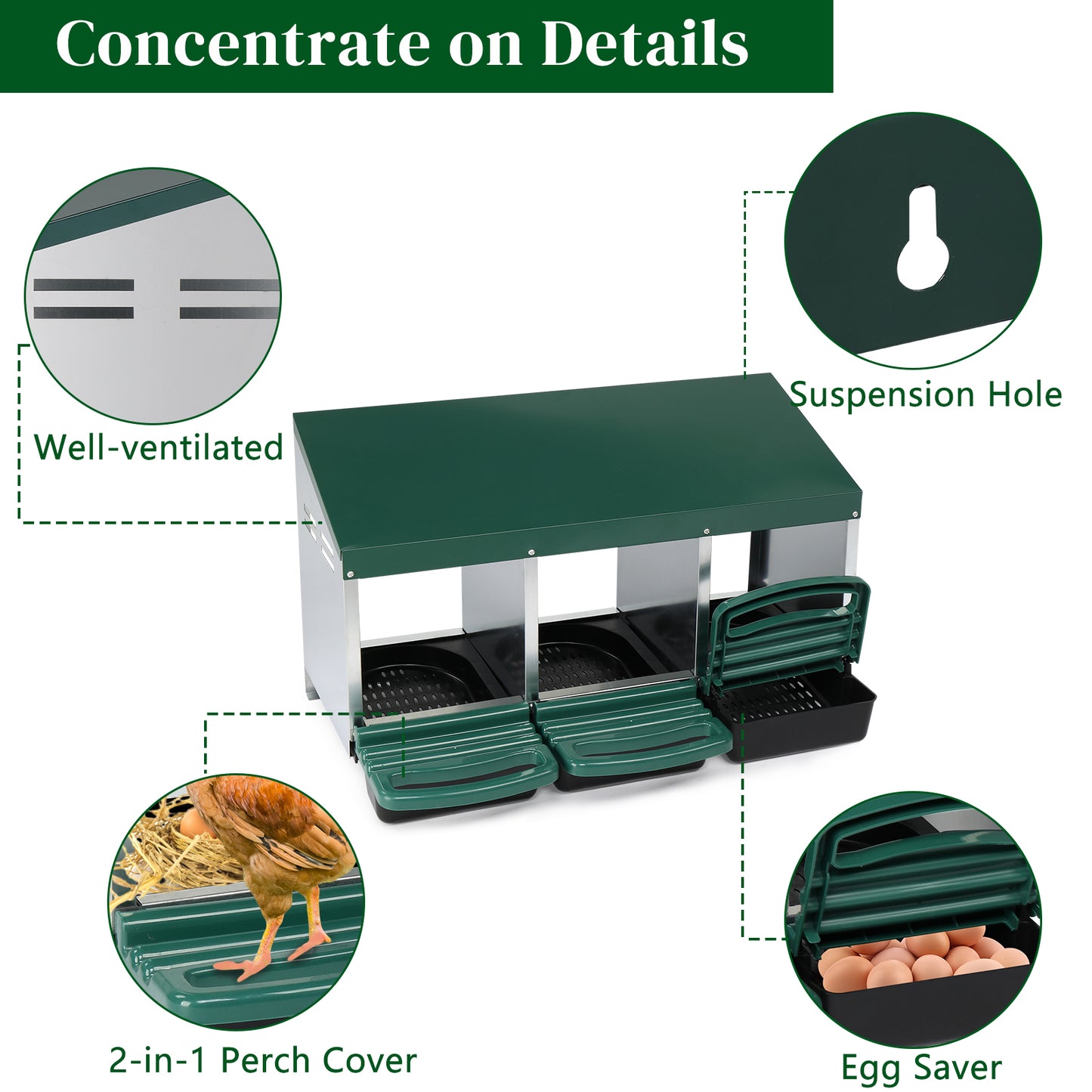 3 Compartment Roll Out Chicken Nesting Box with Plastic Baskets, Metal Egg Laying Box, Green