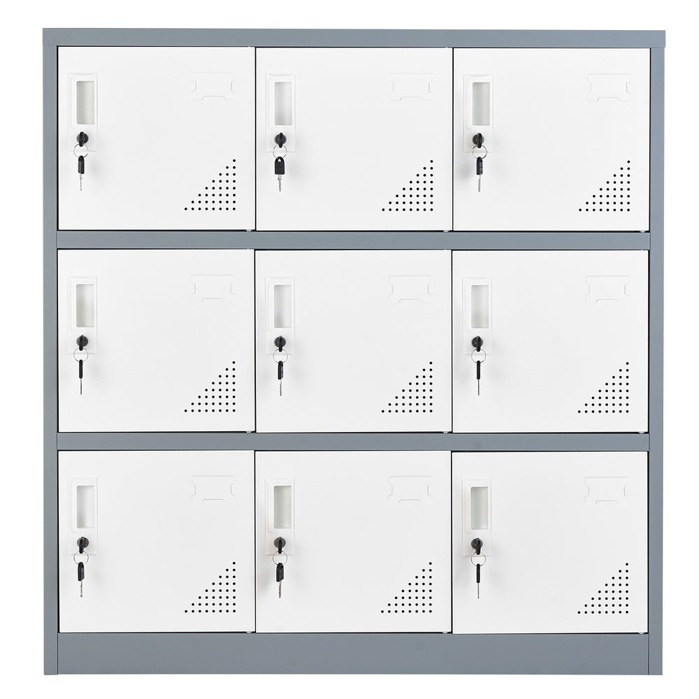 Metal Locker 9 Door 35.4 x 17.7 x 37 in Steel Storage Cabinet 66 lbs/Shelf 593 lbs Total 2 Keys/Door 3 Tier Office Gym
