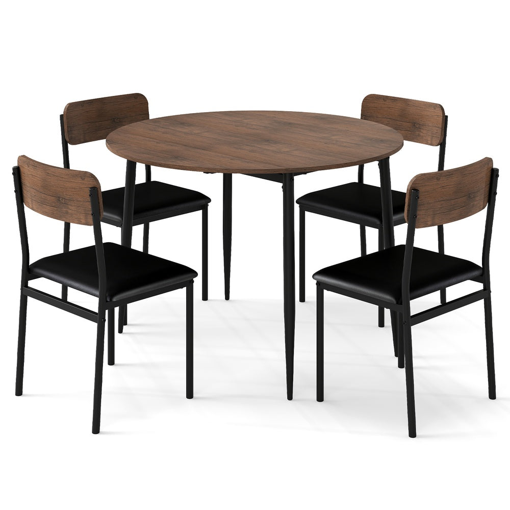5-Piece Round Dining Table Set with Drop Leaf Top and 4 Upholstered Chairs, Brown