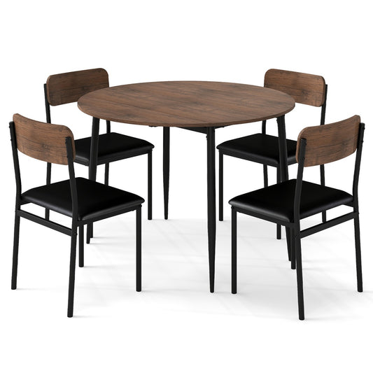 5-Piece Round Dining Table Set with Drop Leaf Top and 4 Upholstered Chairs, Brown