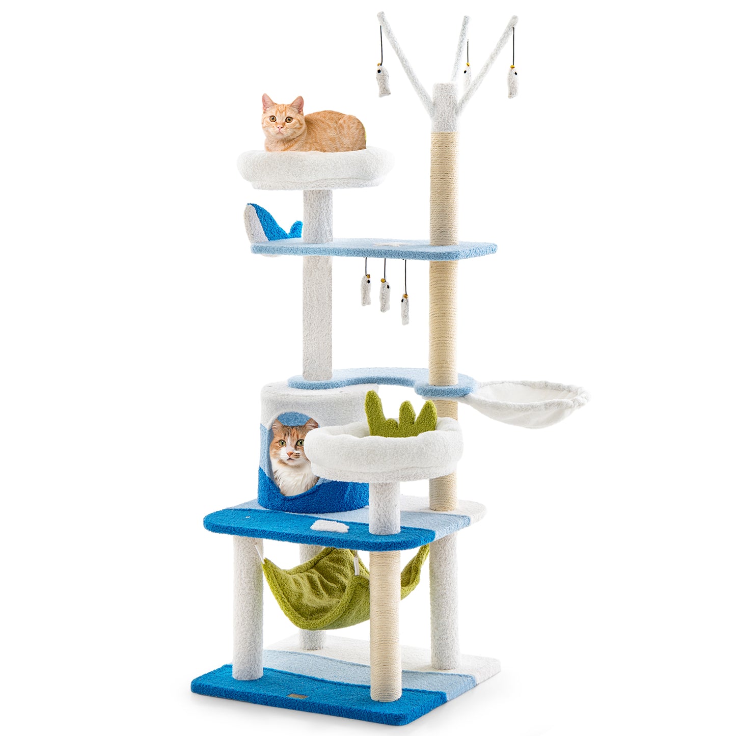 Multi-Level Cat Tower with Ocean-Themed Decor, Sisal Scratching Posts and Basket Bed