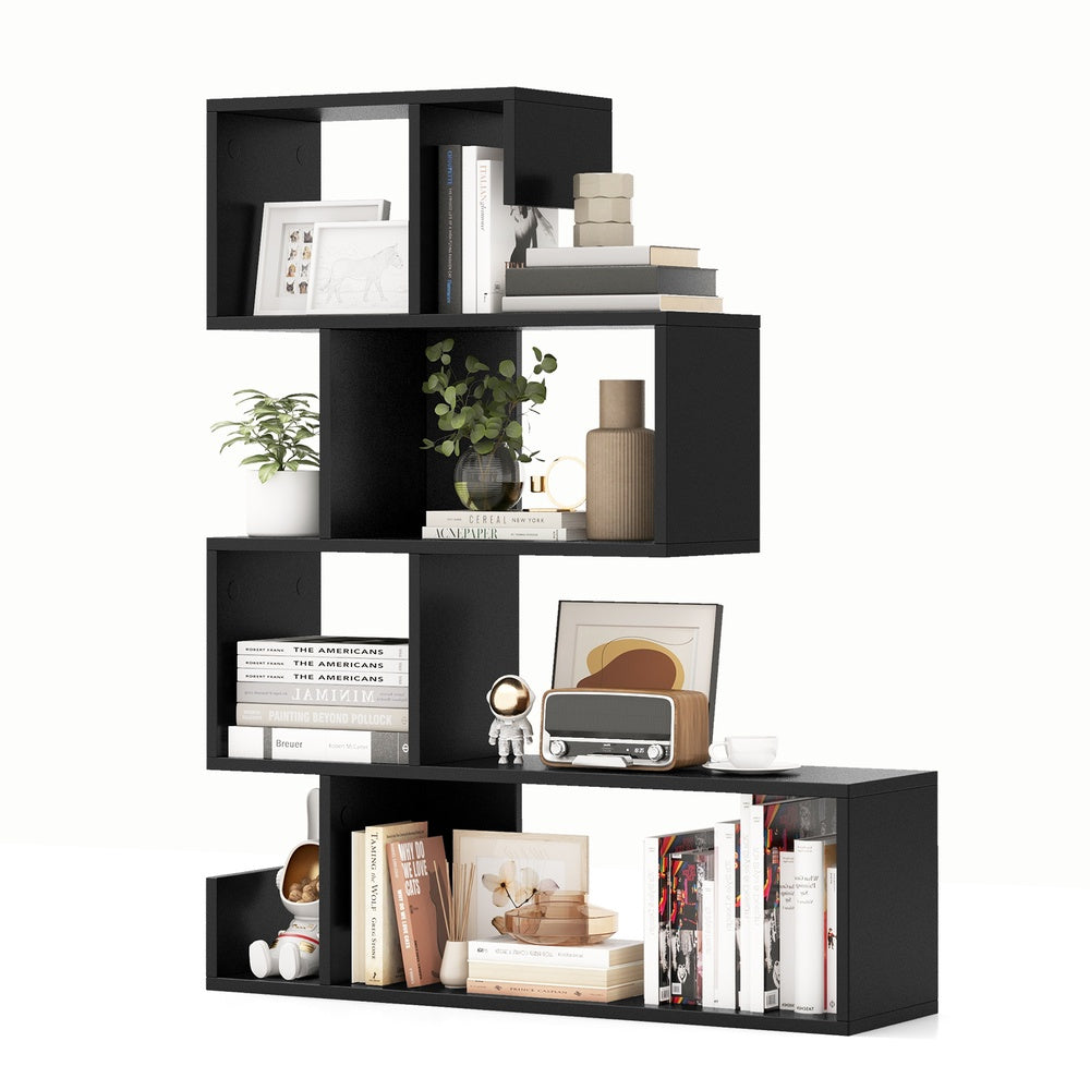 5-Tier S-Shaped Geometric Bookcase with Open Cubes for Display and Storage, Black