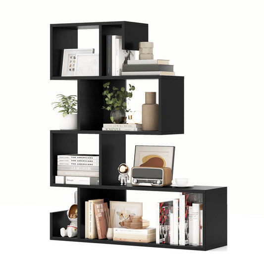5-Tier S-Shaped Geometric Bookcase with Open Cubes for Display and Storage, Black
