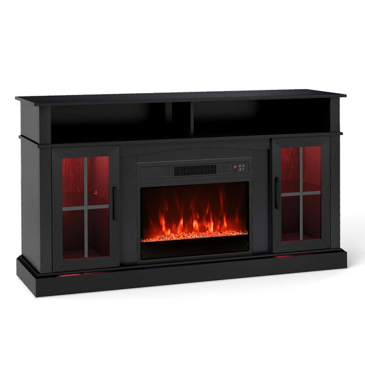 58 in. Fireplace TV Stand with LED Lights with Storage Cabinets and Glass Doors Entertainment Center Media Console-Black